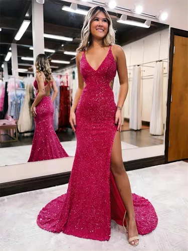 Vista 3 de Zhongde Vestidos de fiesta de lentejuelas brillantes, con cuello en V, corte de sirena, vestidos de noche con abertura