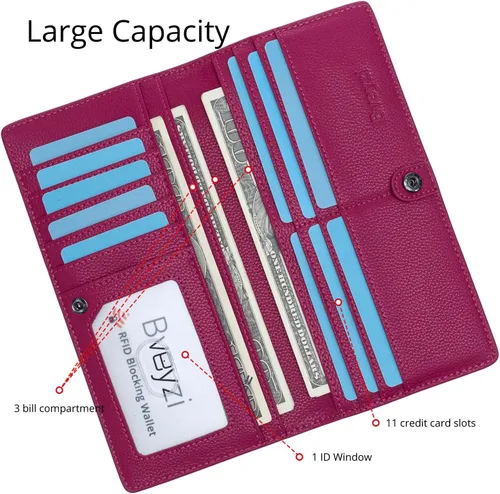 Vista 3 de Bveyzi Billeteras de cuero ultrafino con bloqueo RFID para tarjetas de crédito, billetera plegable para mujer, Rosa encendido