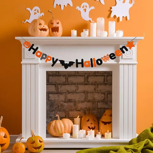 Vista 7 de JSDJ Cartel de Feliz Halloween, guirnalda de fieltro con decoraciones de calabaza araña, suministros de fiesta para uso en interiores, pared