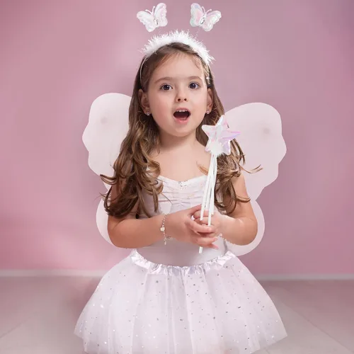 Vista 5 de Lainlight 4 piezas de disfraz de hada de mariposa para niñas, juego de disfraz de princesa con alas, falda tutú, varita