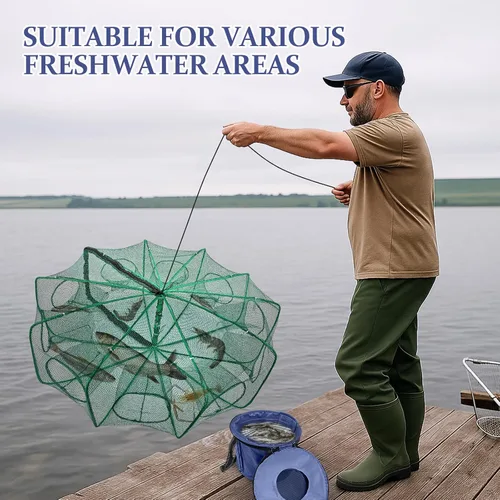 Vista 7 de Trampa Minnow de 32 x 10 pulgadas con red de pesca plegable y cubo de pescado plegable, trampa para cangrejos, cangrejos y camarones para pesca