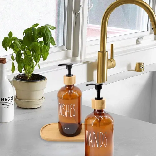 Vista 7 de Dispensador de jabón de vidrio ámbar de 16 onzas con bandeja de bambú, reutilizable para jabón de manos y platos, decoración de granja para cocina