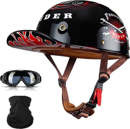 Vista 9 de Cascos para motocicleta de adultos, casco de béisbol de motocicleta, aprobado por DOT para hombres y mujeres con visera, casco de media cáscara