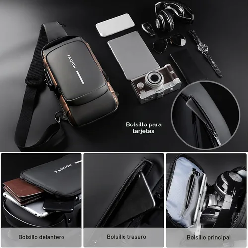 Vista 6 de FANDARE - Bolso de hombro para negocios, bolsa de pecho antirrobo con USB