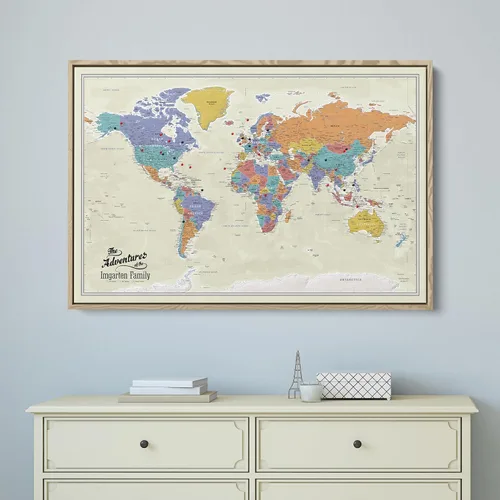 Vista 17 de Lienzo - Mapa de viaje personalizado del mundo Tan Oceans con chinchetas y marco blanco texturizado
