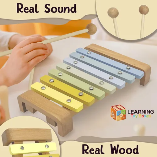 Vista 4 de Juego de instrumentos musicales para niños pequeños, juguetes Montessori de madera para bebés, juguetes musicales sensoriales para niños pequeños