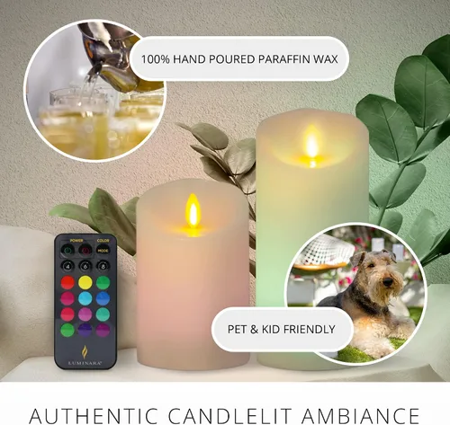 Vista 8 de Luminara Vela LED sin llama que cambia de color de 3 x 4.5 pulgadas, llama móvil de cera real, funciona con pilas con control remoto de 18 botones