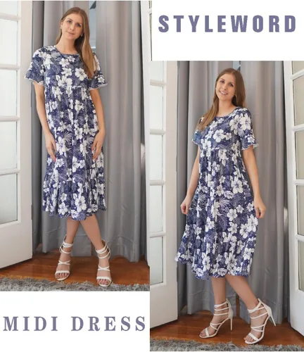 Vista 5 de STYLEWORD Vestido largo de verano para mujer, estilo casual, manga corta, cuello redondo, escalonado, largo por debajo de la rodilla, hawaiano