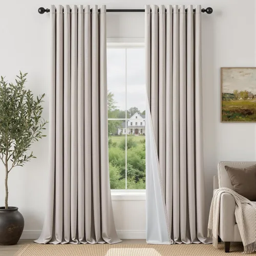 Vista 21 de Cortinas de 100 pulgadas extra anchas 100% opacas marfil con ojales, lino Natural