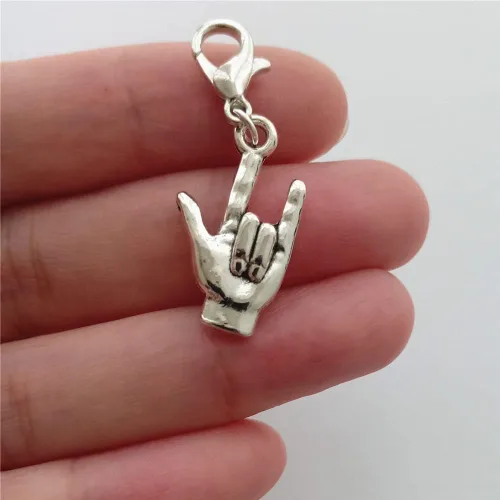 Vista 3 de 3 piezas I Love You Clip on Charm Zipper Pull, ASL Charm, Gesture Hand Pendant, Color Plata Antiguo