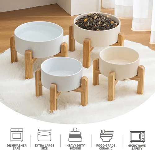 Vista 4 de Cuenco elevado de cerámica de 6 pulgadas para perros – Cuenco de comida y agua para perros de 30 onzas con soporte elevado de bambú antideslizante