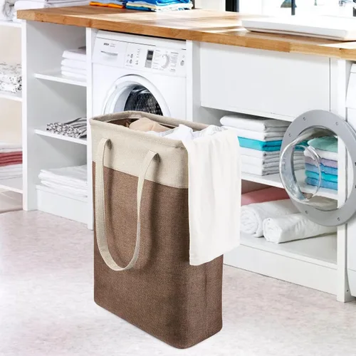 Vista 7 de Cesta de ropa sucia con asas beige y marrón, cesta de lavandería delgada plegable, cesta de ropa sucia estrecha, bolsa de lavandería plegable, cesto