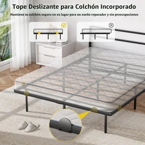 Vista 6 de Marco de cama flotante completo con cabecero, marco de cama de plataforma moderna con luces LED y estación de carga USB, marco de cama de metal