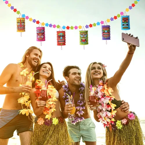 Vista 5 de 2 piezas de decoraciones hawaianas para fiestas de Luau de 10 pies, tiki y flores, pancartas Tiki tropicales para fiestas, decoración tropical Luau