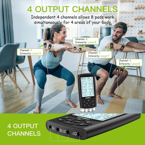 Vista 7 de DOMAS Unidad TENS con 4 salidas de canal, unidad TENS EMS estimulador muscular para aliviar el dolor de espalda, dispositivo portátil y recargable