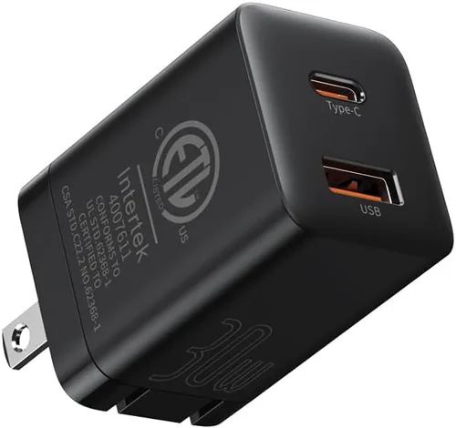 Vista 8 de Baseus Bloque de cargador USB C PD de doble puerto de 30 W, compacto rápido con enchufe plegable para iPad Pro/Air/Mini, iPhone 15/15 Pro/15 Pro