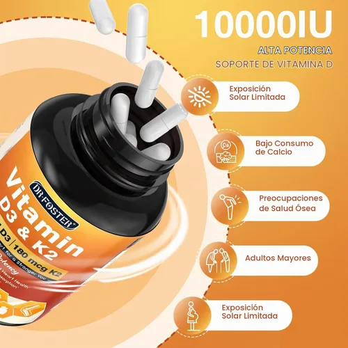 Vista 4 de DRFOSTER Vitamina D3 K2, 10000 UI D3 + 180 mcg K2, 120 cápsulas