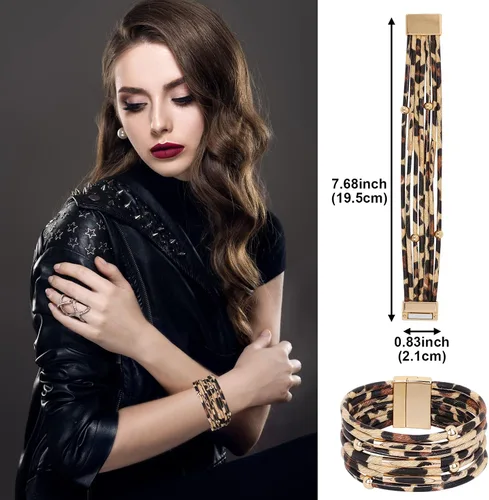 Vista 6 de Juego de 4 joyas de leopardo para mujer, aretes con estampado de leopardo, gorro de boina francés, borla larga, collar con dije de guepardo, pulsera