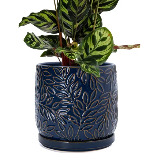 Vista 31 de D'vine Dev Maceta de gres con hojas en relieve de 4 pulgadas con orificio de drenaje y platillo, azul grafito, 27-A-Z-9 Nature-Inspired Leaf