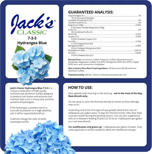 Vista 2 de Jack's Classic 7-3-3 Fertilizante soluble en agua Hydrangea Blue, 1.5lb