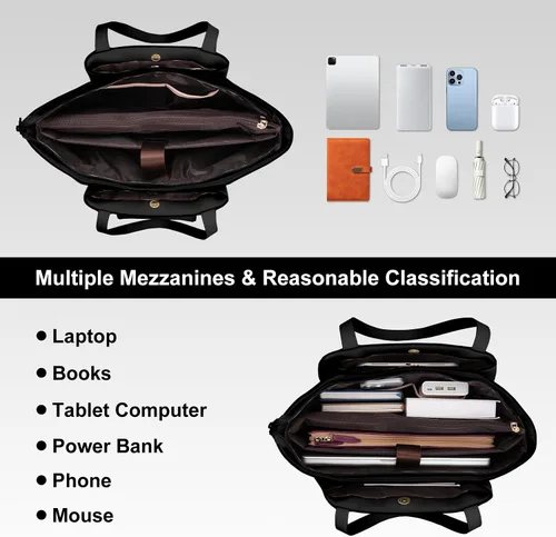 Vista 4 de MOSISO Bolsa de mano para laptop para mujer, 15.6 pulgadas, piel sintética, bolsa de trabajo para laptop con hebilla de solapa y bolso de mano, Negro