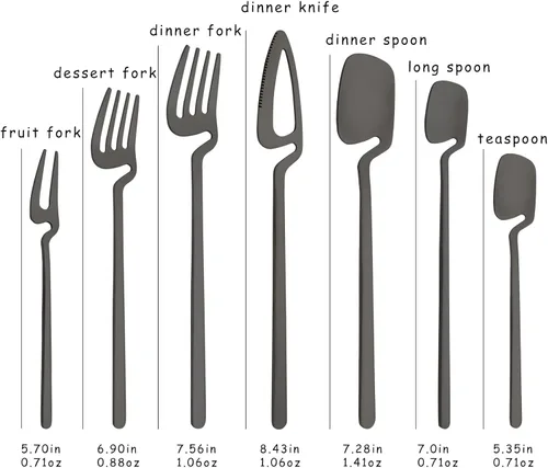 Vista 2 de Juego de cubiertos de 28 piezas para 4, color negro mate con cuchara de mango largo, cucharilla, tenedor de frutas, juego de utensilios de cocina