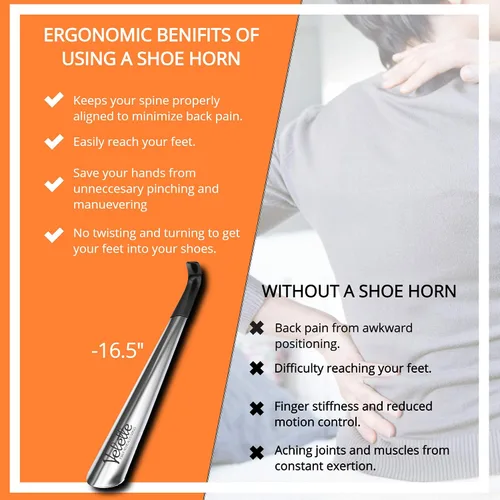 Vista 4 de Velette Metal Shoe Horn - 16.5" Long Handle Shoe Horns for Seniors, Men, Women and Kids - Shoehorn for Boots and Cowboy Boots