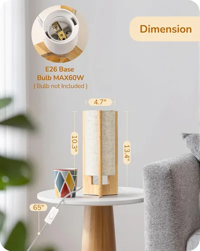 Vista 4 de EDISHINE Small Wood Table Lamp, 13.5" Modern Bedside Lamp, Beige Linen Shade, Natural Wood Cylinder Nightstand Lamp for Bedroom Living Room, On-Off