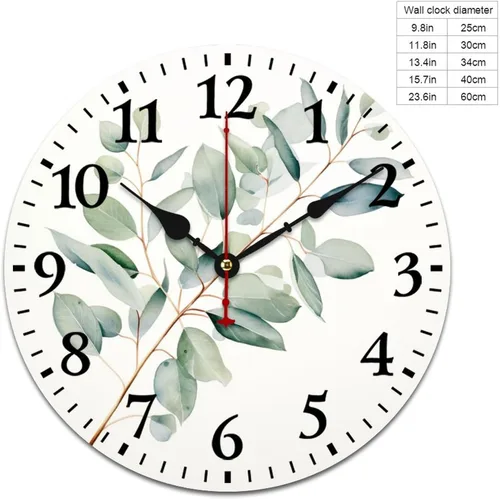 Vista 2 de Reloj de pared de madera de 10 pulgadas, acuarela, rústico, eucalipto, reloj de pared de madera rústica, cuarzo, sin tictac, número arábigo, hoja