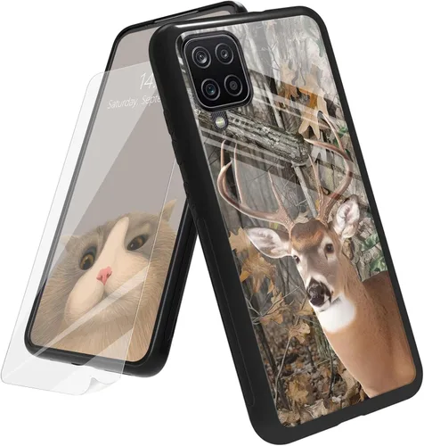 Vista 88 de Funda para Samsung Galaxy A12 5G con protector de pantalla, parte trasera de vidrio templado + TPU de silicona suave que absorbe los golpes