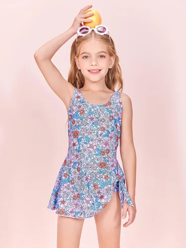 Vista 2 de Conjunto de traje de baño tankini para niñas, de dos piezas, estampado y parte inferior de bikini de 5 a 14 años