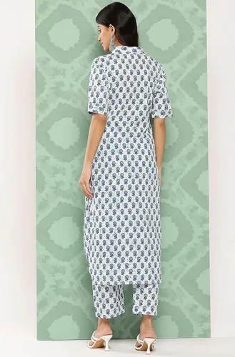 Vista 8 de Janasya Conjunto de pantalón Kurta de manga corta con cuello de camisa casual de verano con estampado floral de algodón blanco para mujer