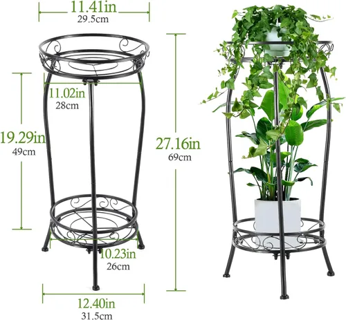 Vista 2 de Kavlium Paquete de 2 Soportes para Plantas de Interior y Exterior, Soportes Altos de Metal Negro Resistentes al Óxido y Estables, Estante