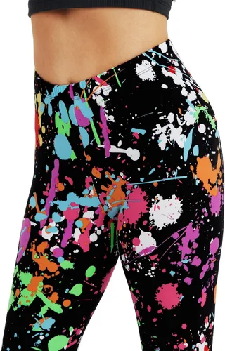 Vista 5 de sissycos - Leggings elásticos y suaves para mujer, con estampado salpicado artístico de neón y estilo de los años 80