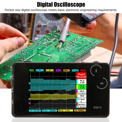 Vista 4 de DS212 Mini osciloscopio portátil de almacenamiento digital Osciloscopio de bolsillo Osciloscopio de 2 canales con interfaz USB para reparación