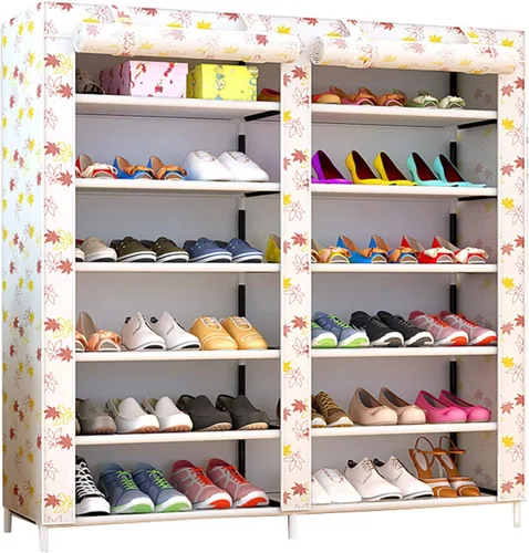 Vista 8 de Zapatero de 2 filas de metal, cubierta de tela multicapa a prueba de polvo, organizador de almacenamiento para dormitorio, sala de estar, puerta