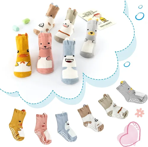 Vista 7 de Fanairy Toddler Animal Non Skid Crew Socks with Grips Baby Infant Boy Girl Non Slip Cotton Socks 6 Pairs