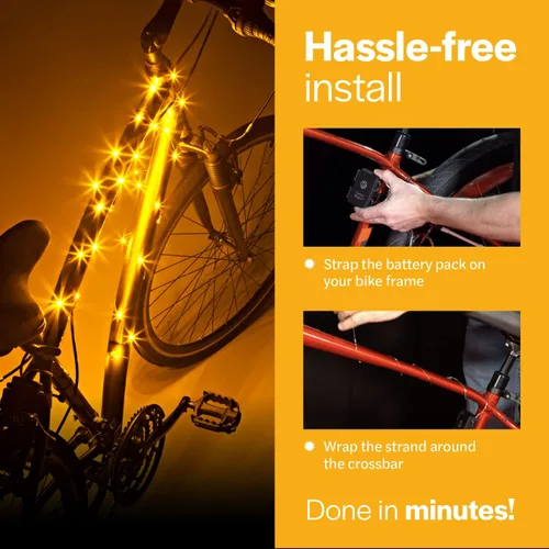 Vista 6 de Brightz CosmicBrightz - Cuerda de luz LED para marco de bicicleta, cuerda de 6.5 pies, funciona con pilas con interruptor de encendido/apagado, Oro