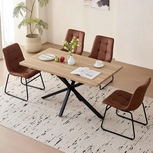 Vista 15 de Dining Table Set for 4, Modern 55" Brown Wood Grain Kitchen Table with 4 Stackable Dining Chairs, Faux Leather, for Dining Living Room Apartment