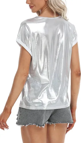 Vista 6 de MISS MOLY Camisetas metálicas de manga corta con cuello redondo holográfico brillante para mujer, para fiesta, club, concierto