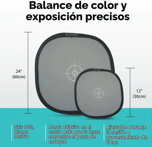 Vista 3 de Foto&Tech Tarjeta gris de doble cara del 18% y disco de balance de blancos, panel gris y blanco neutro con bolsa de nailon y brida para cables