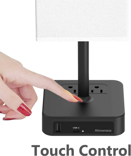 Vista 2 de Lámpara de mesa de noche con control táctil y puertos de carga USB C+A, lámpara de escritorio LED con 2 salidas de CA, luz minimalista para mesita