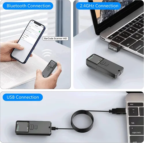 Vista 5 de Mini escáner de código de barras inalámbrico portátil 1D, Bluetooth y 2.4 GHz y USB, todo en uno, escáner de código de barras láser inalámbrico