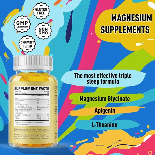 Vista 2 de Gomitas de complejo triple de magnesio – 800 mg de glicinato y citrato de magnesio, apigenina y L-teanina, para niños y adultos, naturalmente