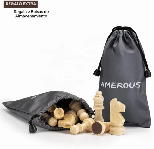 Vista 7 de AMEROUS Piezas de ajedrez de madera solamente, piezas de ajedrez de madera estilo Staunton con rey de 3.15 pulgadas, bolsa de almacenamiento, caja