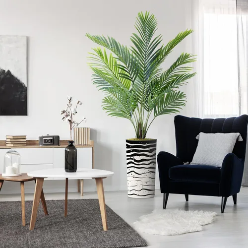 Vista 20 de Árbol artificial con diseño de hojas blancas y negras, palmera tropical areca artificial de seda para decoración del hogar en interiores y Diseño