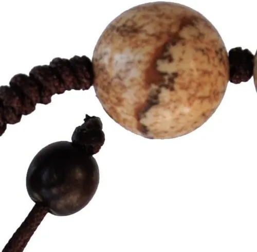 Vista 5 de Sine Cera Pulsera de rosario católico de 1 década con piedra de jaspe, madera de azafuera, centro de mesa grabado con láser de doble cara