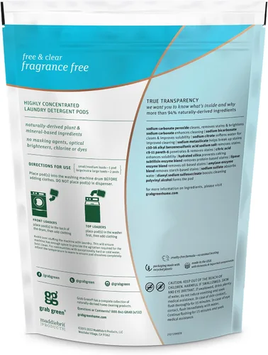 Vista 2 de Grab Green Cápsulas de detergente 3 en 1, 24 unidades, sin fragancia, a base de plantas y minerales, poder de limpieza superior, removedor