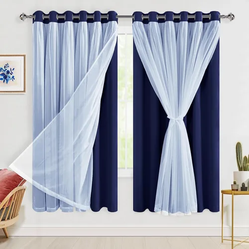 Vista 83 de Hiasan Cortinas opacas con superposición transparente, aislamiento térmico para mezclar y combinar de doble capa, cortinas de oscurecimiento de Beige