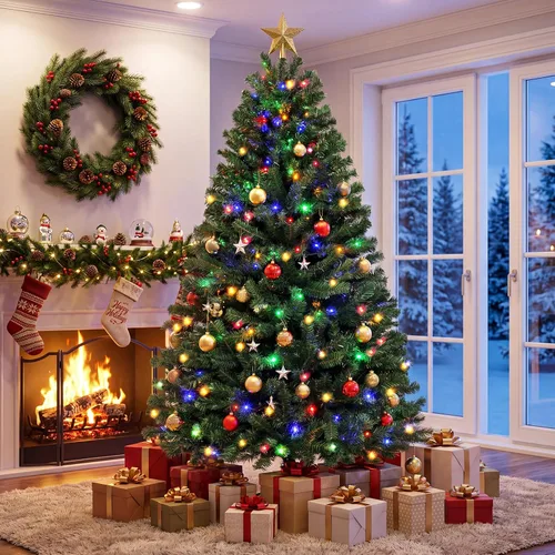 Vista 5 de Árbol de Navidad artificial preiluminado con control remoto, 6 pies Luces verdes y de cambio